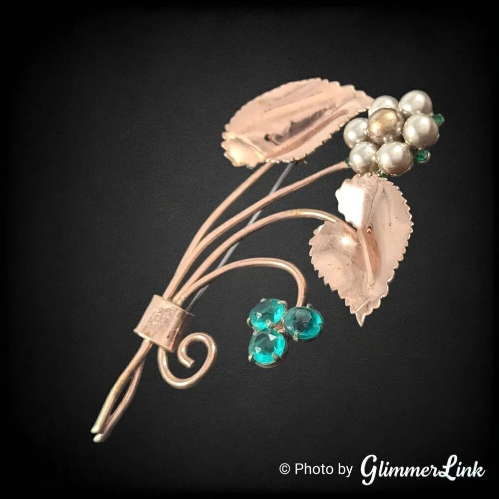 Vintage Rose Gold Tone Floral Spray Brooch Faux Pearl Green Rhinestone 1940s 50s